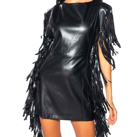 Callie Lives Dresses & Skirts - Xena Nashville at Night: Vegan Leather Black Fringe Mod Sheath Plunge Back Dress